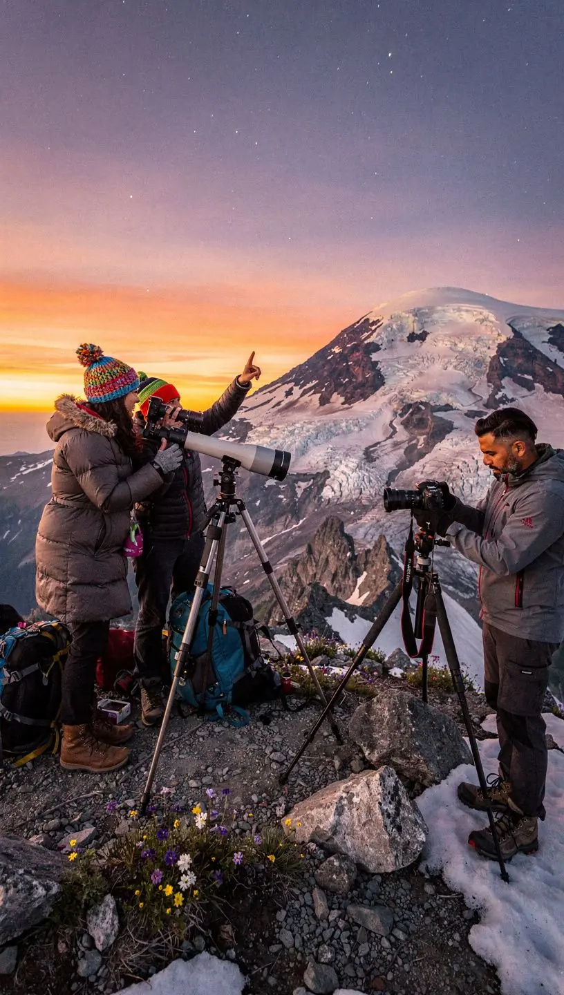 Туристы, наблюдающие за звездами на фоне горного пейзажа.