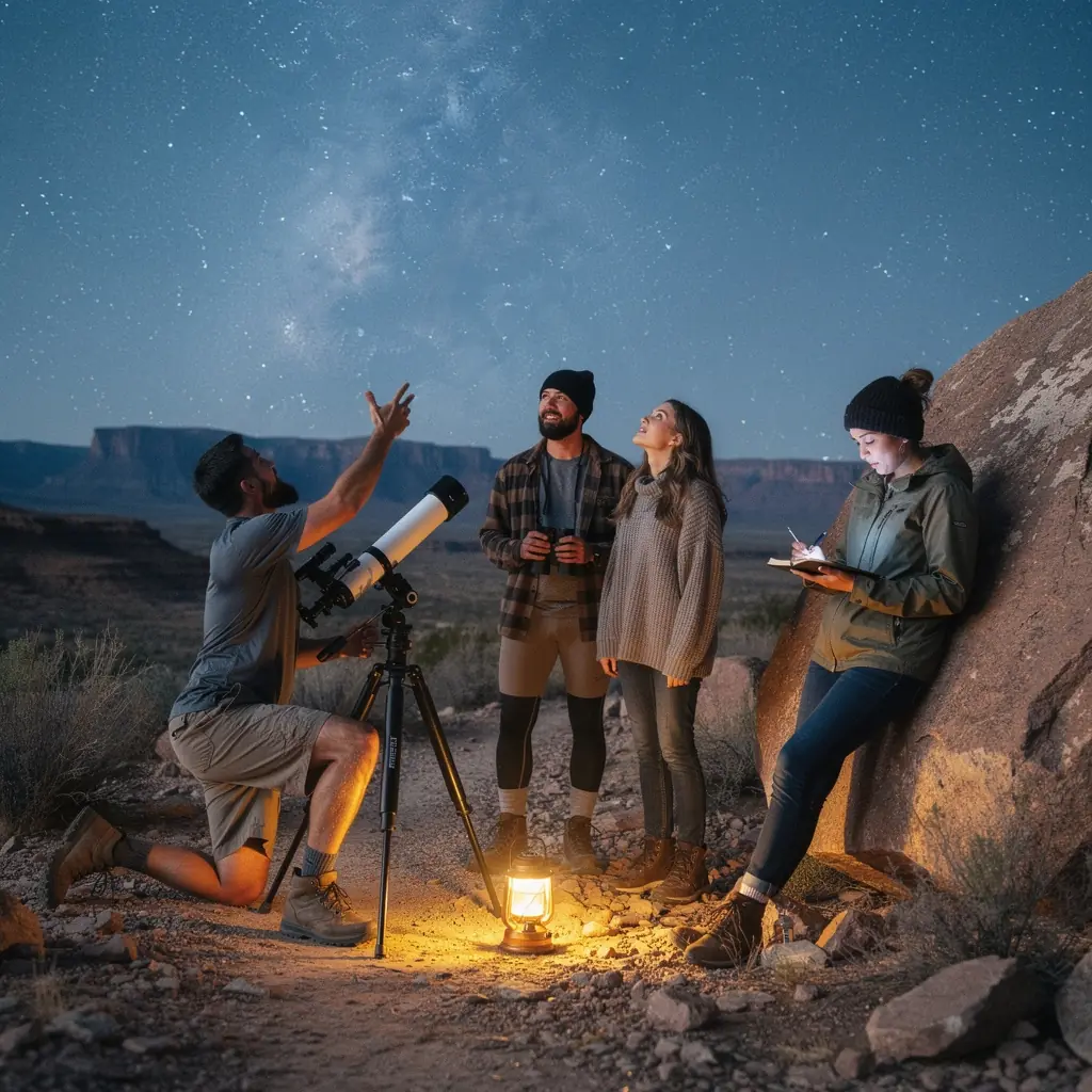 Семья, наслаждающаяся вечерней прогулкой под звездным небом.