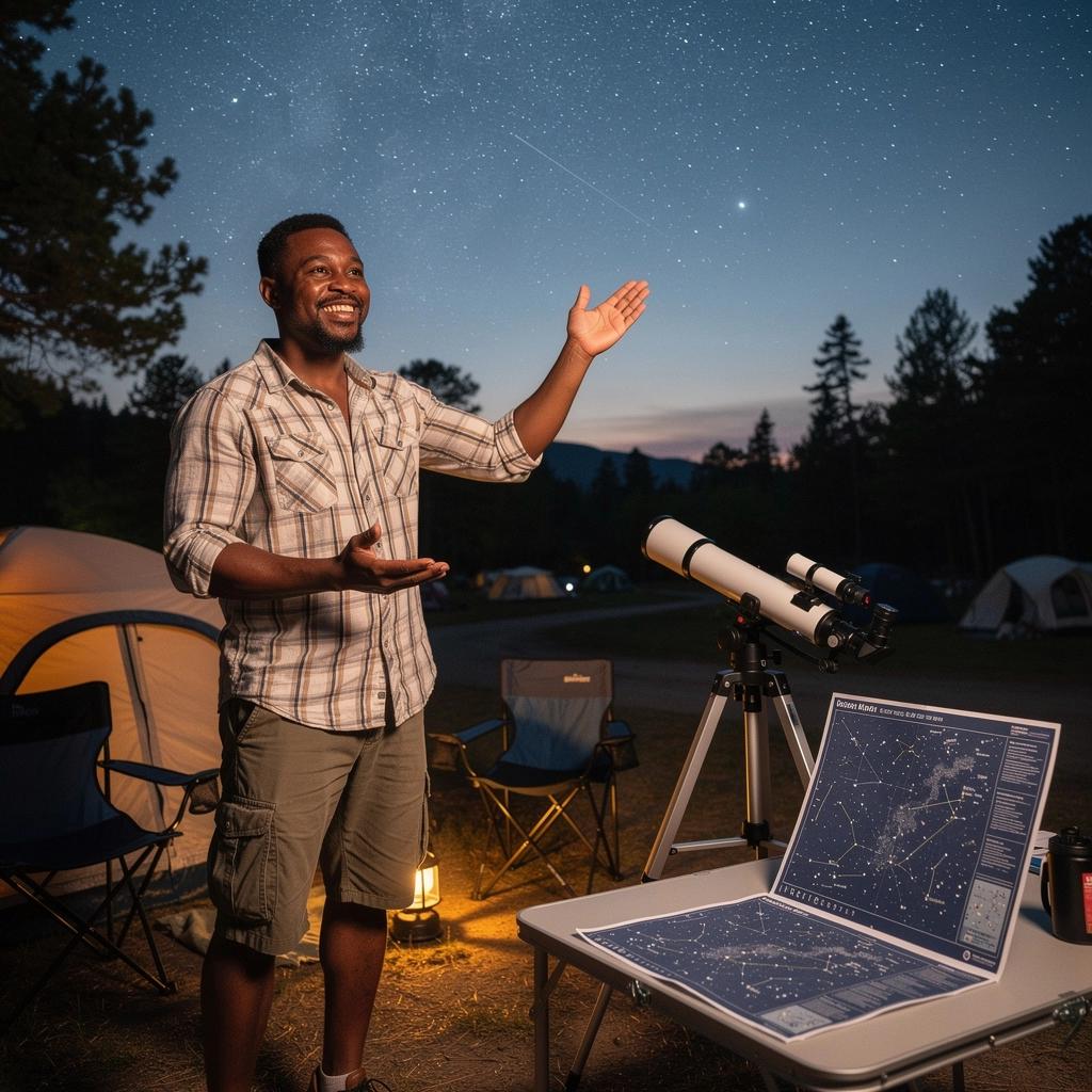Группа людей, наблюдающих за звездами на открытом поле под ясным небом.